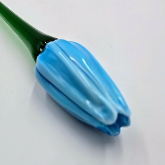 Art Glass Hand Blown Flower Blue Long Green Stem Flower With Leaf Stem Read - Picture 5 of 16